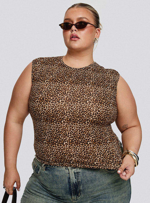 front view of model wearing Princess Polly Lure Top Leopard Curve Sleeveless Crew Neck 