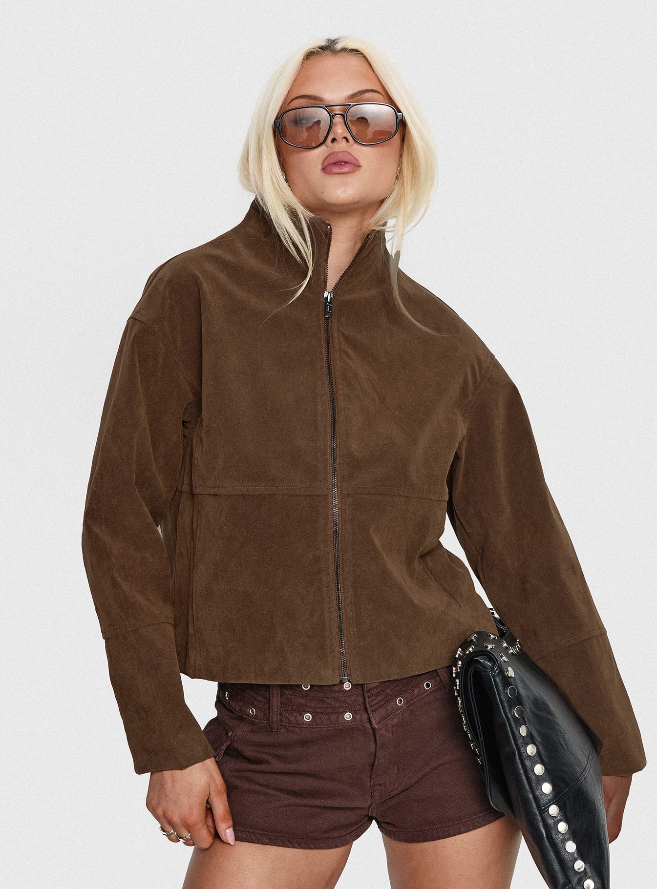 Jessalynn Faux Suede Zip Through Jacket Brown | Princess Polly