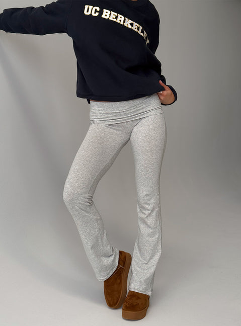 side view of model wearing Princess Polly UC Berkeley Foldover Pants Grey Mid Rise Pants 