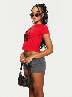 side view of model wearing Princess Polly Akeko Tee Red Short Sleeves Crew Neck 