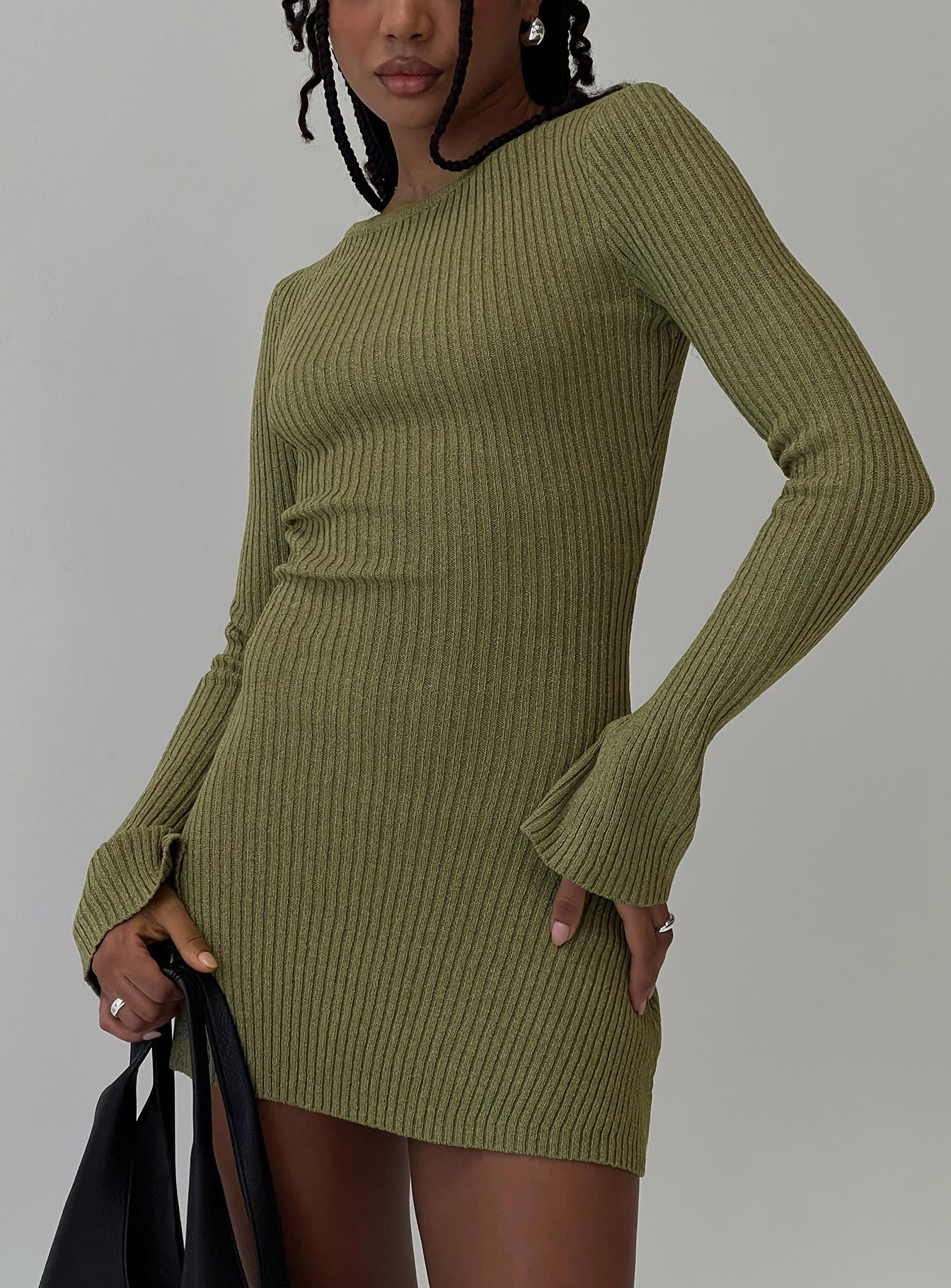front view of model wearing Princess Polly Osment Long Sleeve Knit Mini Dress Olive Boat Neck 