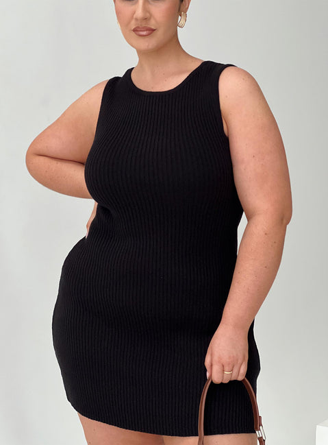 back view of model wearing Princess Polly Osment Knit Mini Dress Black Curve Crew Neck 