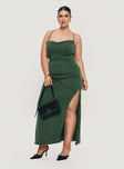 Green maxi dress Halter style, straight neckline, ruching detail, split in hem