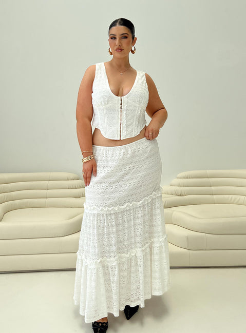 side view of model wearing Princess Polly Buttacupe Lace Corset Top White Curve Sleeveless Plunger 