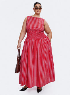 front view of model wearing Princess Polly Lilienne Cotton Poplin Maxi Dress Red Stripe Curve Crew Neck 