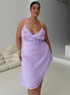 front view of model wearing Princess Polly Secret Gardens Asymmetrical Midi Dress Purple Curve Plunger 