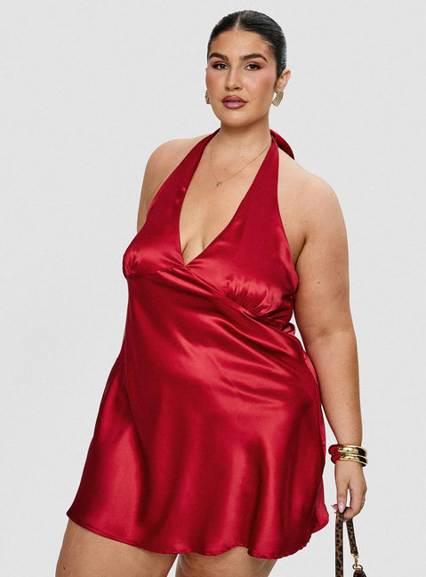 side view of model wearing Princess Polly Pelagia Halter Scarf Tie Mini Dress Red Curve Plunger 