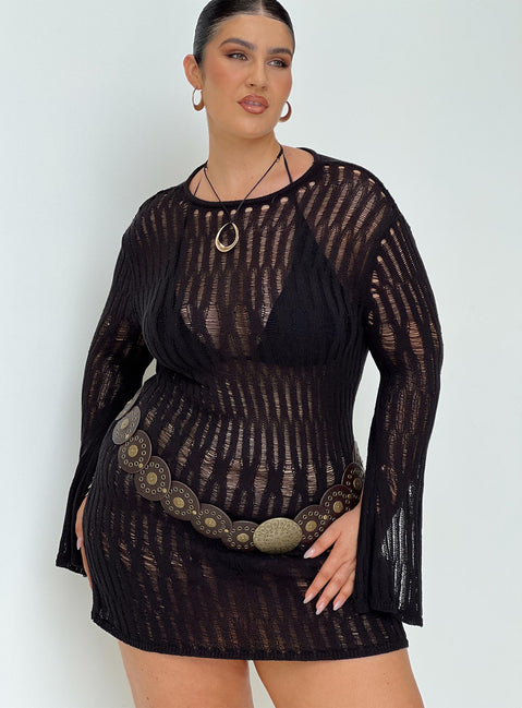 front view of model wearing Princess Polly Cylian Long Sleeve Knit Mini Dress Black Curve Crew Neck 