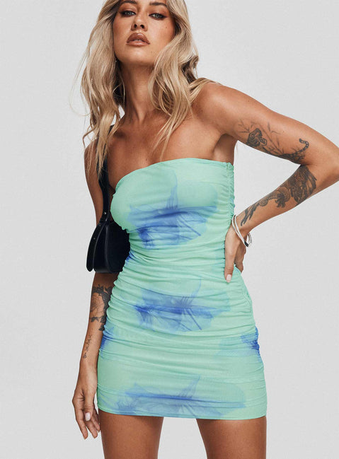 back view of model wearing Princess Polly Micah Mini Dress Blue Floral Straight Neck 