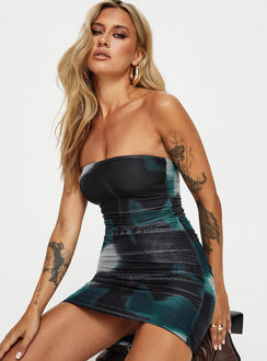 front view of model wearing Princess Polly Micah Mini Dress Navy Multi Straight Neck 