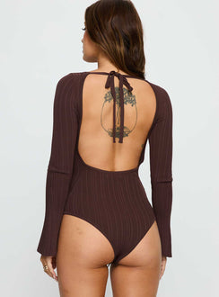 back view of model wearing Princess Polly Mayok Long Sleeve Bodysuit Brown Long Sleeve Tops 