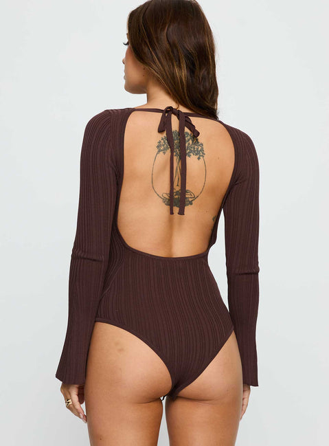 back view of model wearing Princess Polly Mayok Long Sleeve Bodysuit Brown Long Sleeve Tops 