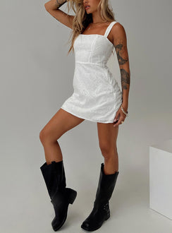front view of model wearing Princess Polly Elestren Mini Dress White Square Neck 