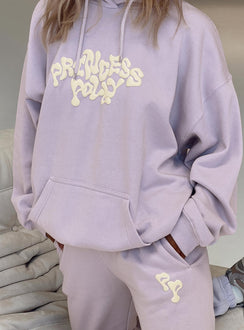 front view of model wearing Princess Polly Princess Polly Hooded Sweatshirt Squiggle Text Dusty Mauve / Eggshell regular 