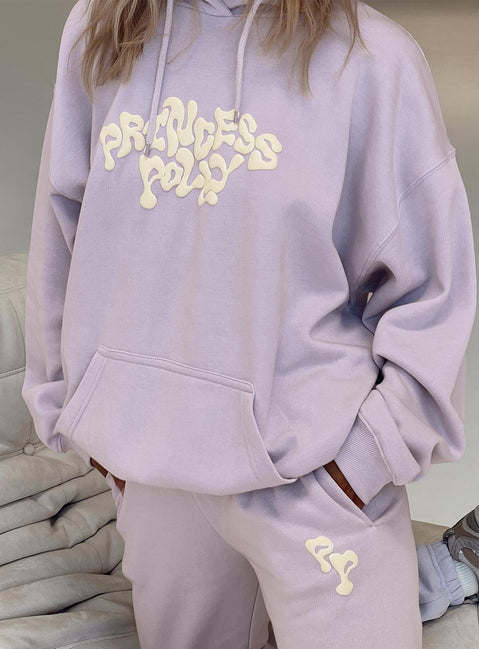 front view of model wearing Princess Polly Princess Polly Hooded Sweatshirt Squiggle Text Dusty Mauve / Eggshell regular 