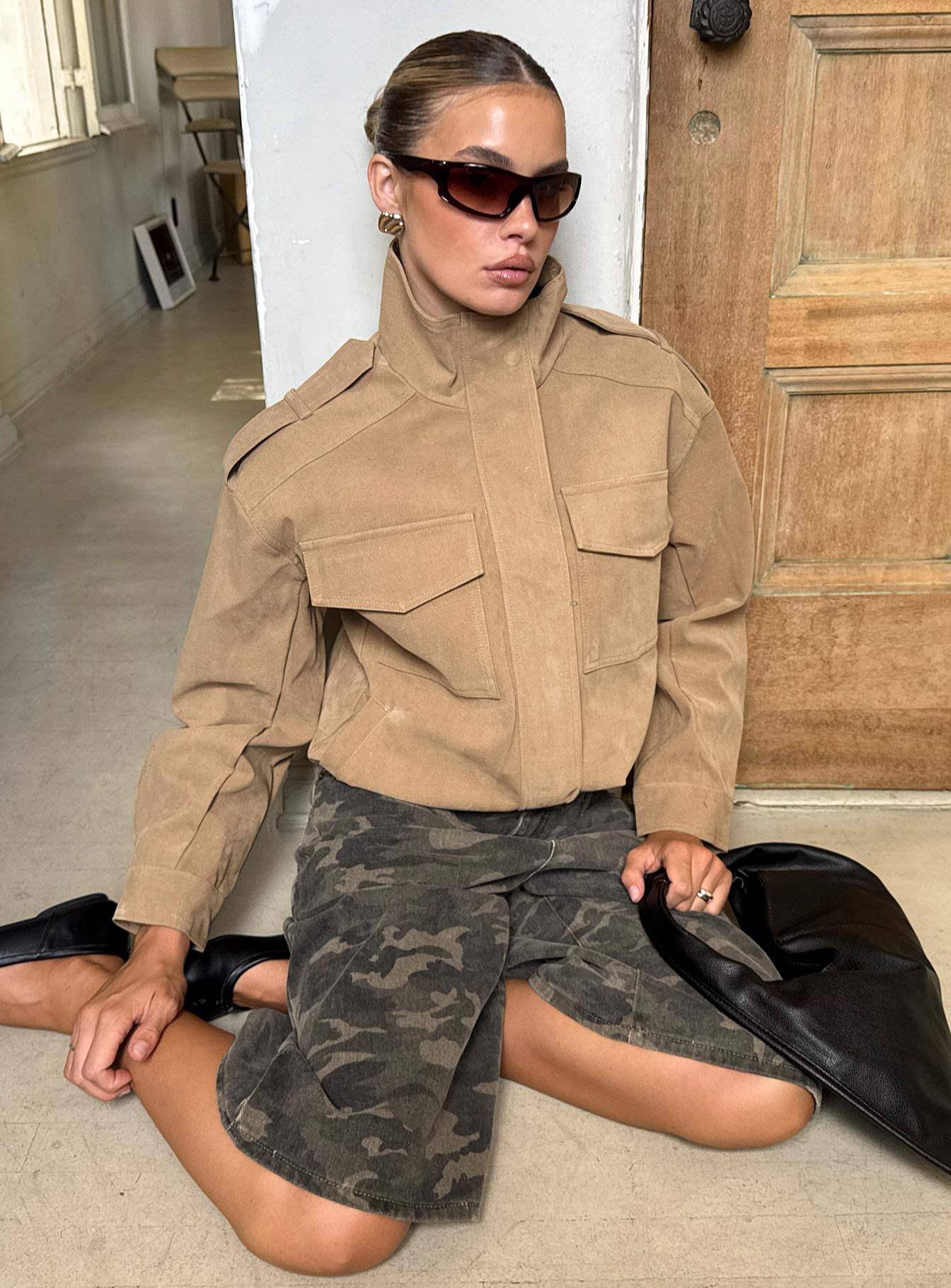 Double Life Funnel Neck Cargo Jacket Beige