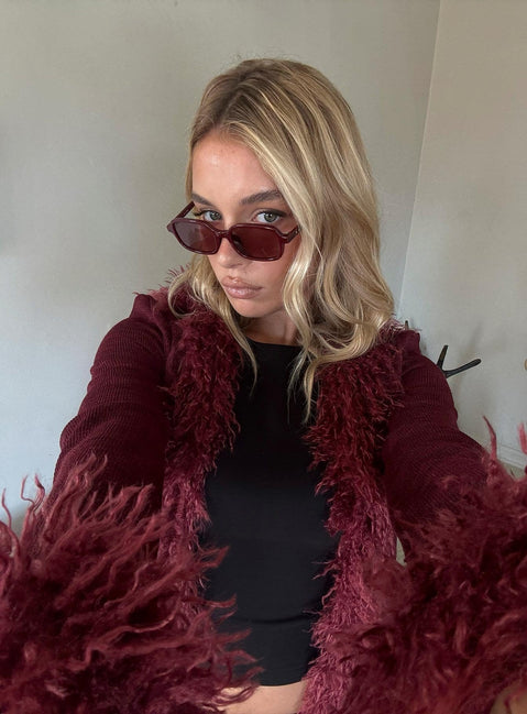 Brynlie Faux Fur Trim Boxy Cardigan Burgundy