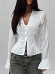 front view of model wearing Princess Polly Elowenn Long Sleeve Top White Full Sleeves V-Neck 