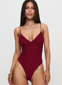 front view of model wearing Princess Polly Merril Bodysuit Maroon Sleeveless 