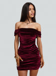 front view of model wearing Princess Polly Regency Strapless Velvet Mini Dress Burgundy Straight Neck 