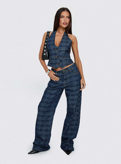 front view of model wearing Princess Polly Top Model Low Rise Straight Leg Jeans Indigo Plaid Mid Rise 