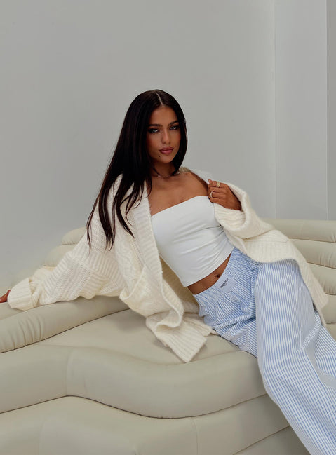 front view of model wearing Princess Polly Paisleigh Cable Knit Cardigan Cream Long 