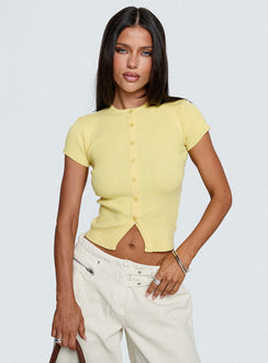 front view of model wearing Princess Polly Suzu Knit Top Lemon Short Sleeves Crew Neck 