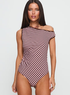 front view of model wearing Princess Polly Ayviana One Shoulder Bodysuit Pink / Brown Stripe Sleeveless 