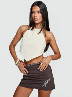 front view of model wearing Princess Polly Just Imagine Tie Back Top Beige Sleeveless Crew Neck 