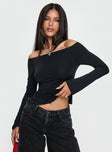 front view of model wearing Princess Polly Maestro Off The Shoulder Top Black Full Sleeves straight 