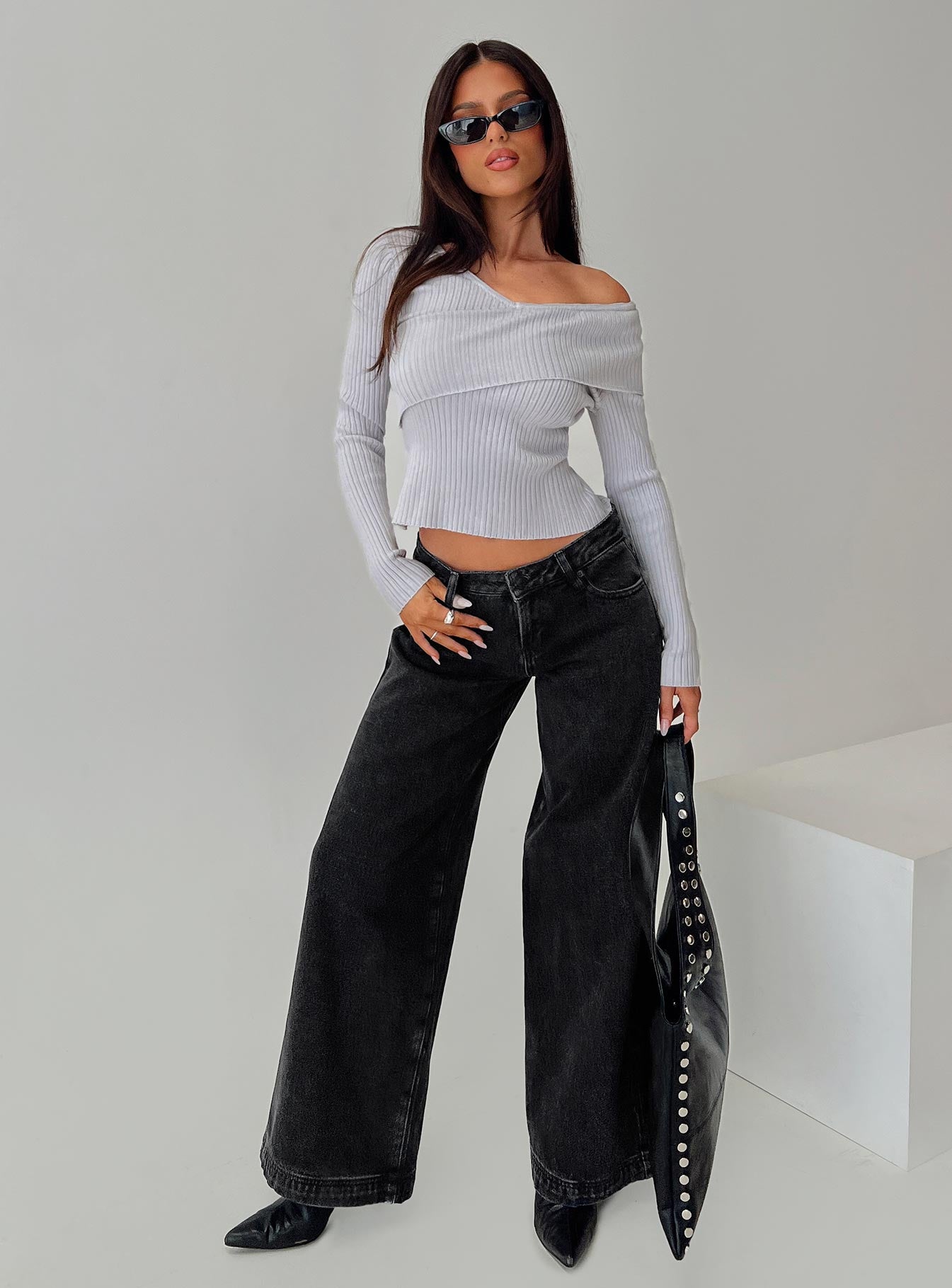 side view of model wearing Princess Polly Nolia Long Sleeve Top Grey Full Sleeves Asymmetric Neckline 