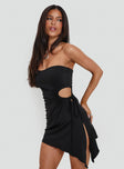 side view of model wearing Princess Polly Twyla Strapless Mini Dress Black Straight Neck 