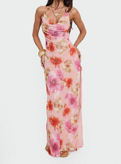 Sibellah Beaded Cowl Neck Maxi Dress Pink Multi