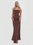 front view of model wearing Princess Polly Marchesi Cupro Maxi Dress Chocolate Square Neck 