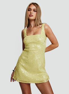 front view of model wearing Princess Polly Dasha Mini Dress Yellow Sequin Square Neck 