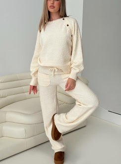 side view of model wearing Princess Polly Susi Fluffy Knit Pant Ivory High Waisted Pants 