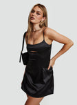 side view of model wearing Princess Polly Powell Mini Dress Black Square Neck 