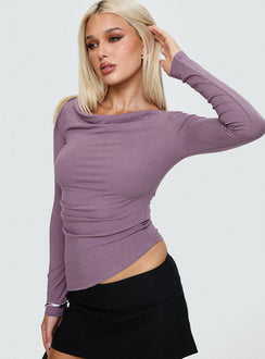 front view of model wearing Princess Polly Barstow Long Sleeve Cowl Neck Top Purple Full Sleeves Cowl 