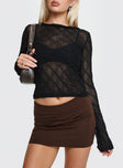 front view of model wearing Princess Polly Altaira Long Sleeve Sheer Top Black Full Sleeves Boat Neck 