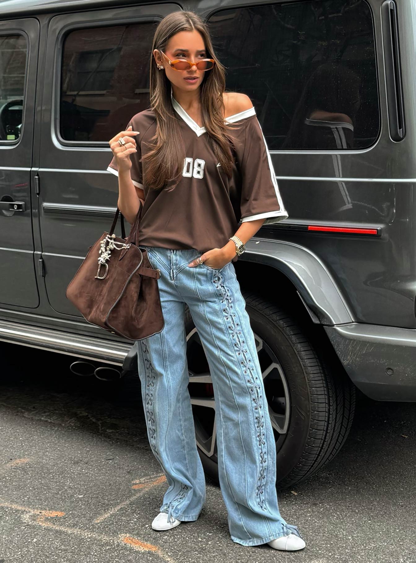 front view of model wearing Princess Polly Spectate Top Brown Short Sleeves V-Neck 