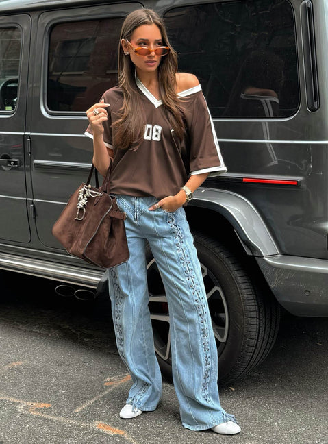 front view of model wearing Princess Polly Spectate Top Brown Short Sleeves V-Neck 