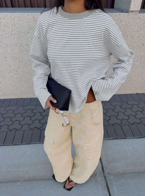 Settle Down Long Sleeve Top Grey / White Stripe