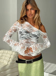 front view of model wearing Princess Polly How Ironic One Shoulder Lace Top Cream Full Sleeves Asymmetric Neckline 