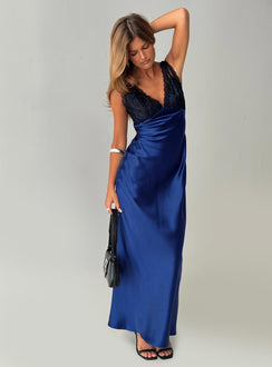side view of model wearing Princess Polly Voila Lace Maxi Dress Navy / Black V-Neck 