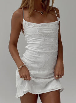 front view of model wearing Princess Polly Celena Burnout Mini Dress White / Floral Cowl Neck 