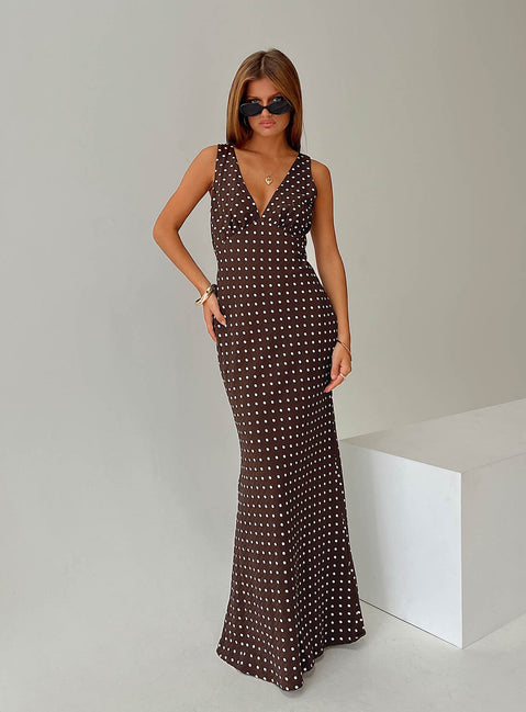 Nellie Maxi Dress Brown Polka Dot | Princess Polly Nellie Maxi Dress Brown Polka Dot | Princess Polly