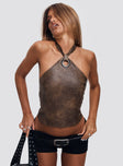 front view of model wearing Princess Polly Treat You Better Ring Detail Faux Leather Top Brown Sleeveless Asymmetric Neckline 