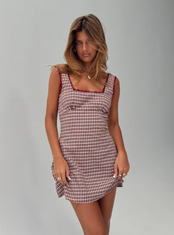 side view of model wearing Princess Polly Dasha Mini Dress Red Check Square Neck 