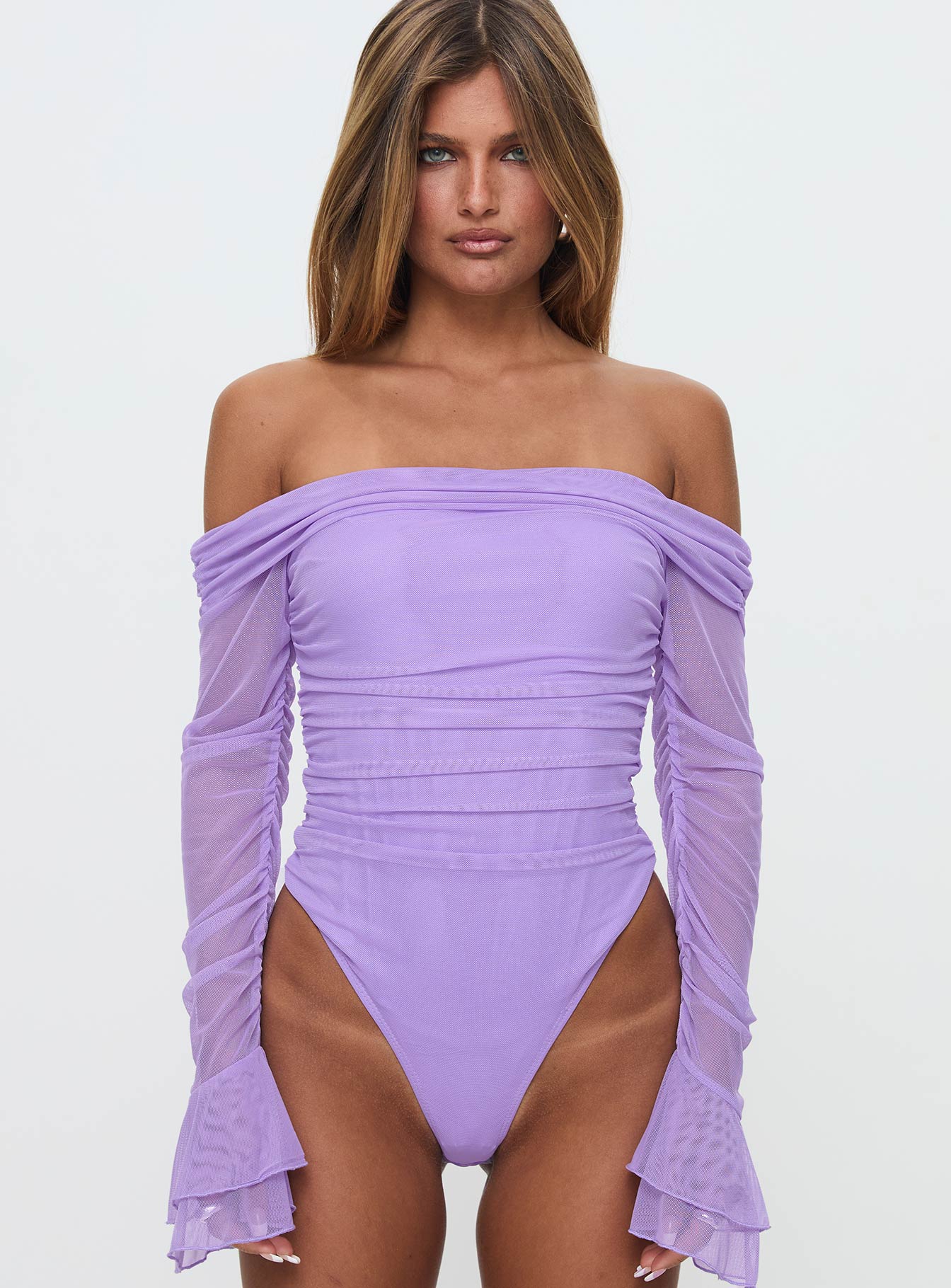 front view of model wearing Princess Polly Feel A Way Off Shoulder Bodysuit Lilac Long Sleeve Tops 