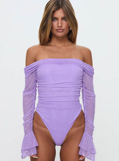 front view of model wearing Princess Polly Feel A Way Off Shoulder Bodysuit Lilac Long Sleeve Tops 